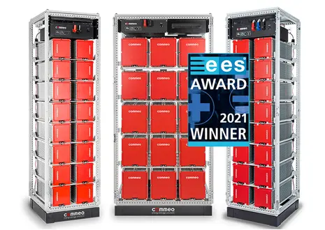 Das Bild zeigt Batteriespeichersysteme, die den EES Award 2021 gewonnen haben.