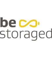 The bestoraged logo consists of a yellow infinity sign separating the dark grey lettering "be" and "storaged". "be" is in thick font and storaged is in thinner font. everything is in lower case.