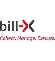 The word bill is lowercase and designed in dark gray. The 2nd part of the lettering consists of a red hyphen half a red X and the other half of the x is dark gray. Below the logo is the claim collect. manage. execute." in red.