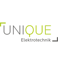 The logo of Unique Elektrotechnik consists of a thin lettering surrounded by an implied frame. The upper left frame is light green, the lower right frame is gray. The lettering "Unique" is in capitals, with "UNI" in gray and "QUE" in light green. "Electrical Engineering" is in gray and placed below "Unique" on the right.