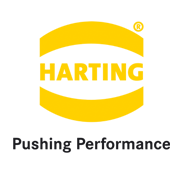 Das Harting-Logo besteht aus einem Registriert-Zeichen, gefolgt vom Schriftzug "Harting". Der Schriftzug wird von zwei Bögen umschlossen. Unter dem Schriftzug befindet sich der Claim "Pushing Performance". Die Farbe des Logos ist gelb.