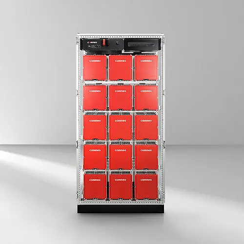 This image presents a battery storage system from Commeo.
