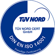 Das Bild zeigt das TÜV-Prüfzeichen "DIN EN ISO 14001".