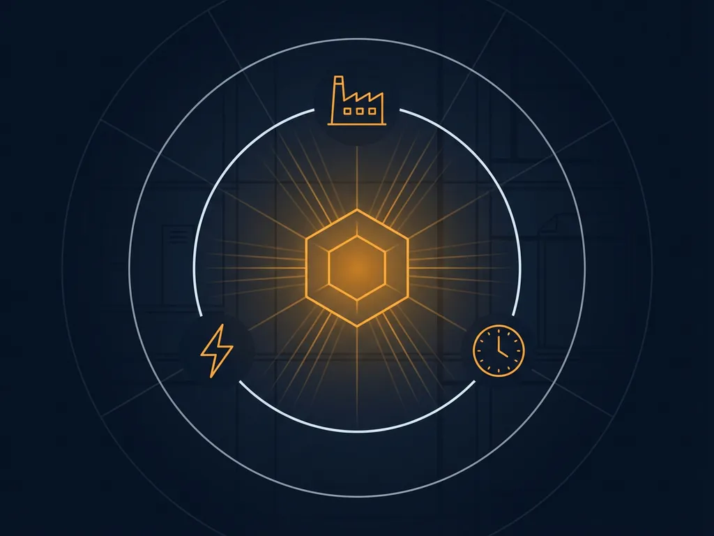 Leuchtendes Hexagon mit Fabrik-, Blitz- und Uhren-Icons auf dunkelblauem Industrie-Raster, minimalistisches digitales Artwork in Bernstein und Navy.